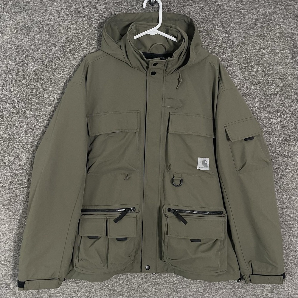 Carhartt WIP Jacket Mens Large Green Elmwood Hooded Softshell Pockets Outdoor